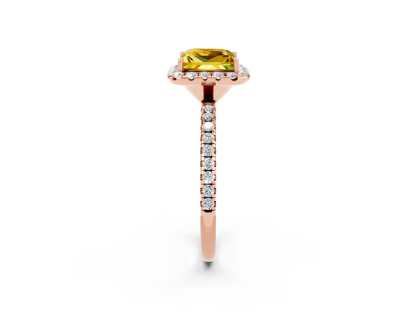 Rose gold Princess Cut Yellow Sapphire Halo Engagement Ring with Round Pavé Band and Prong Setting