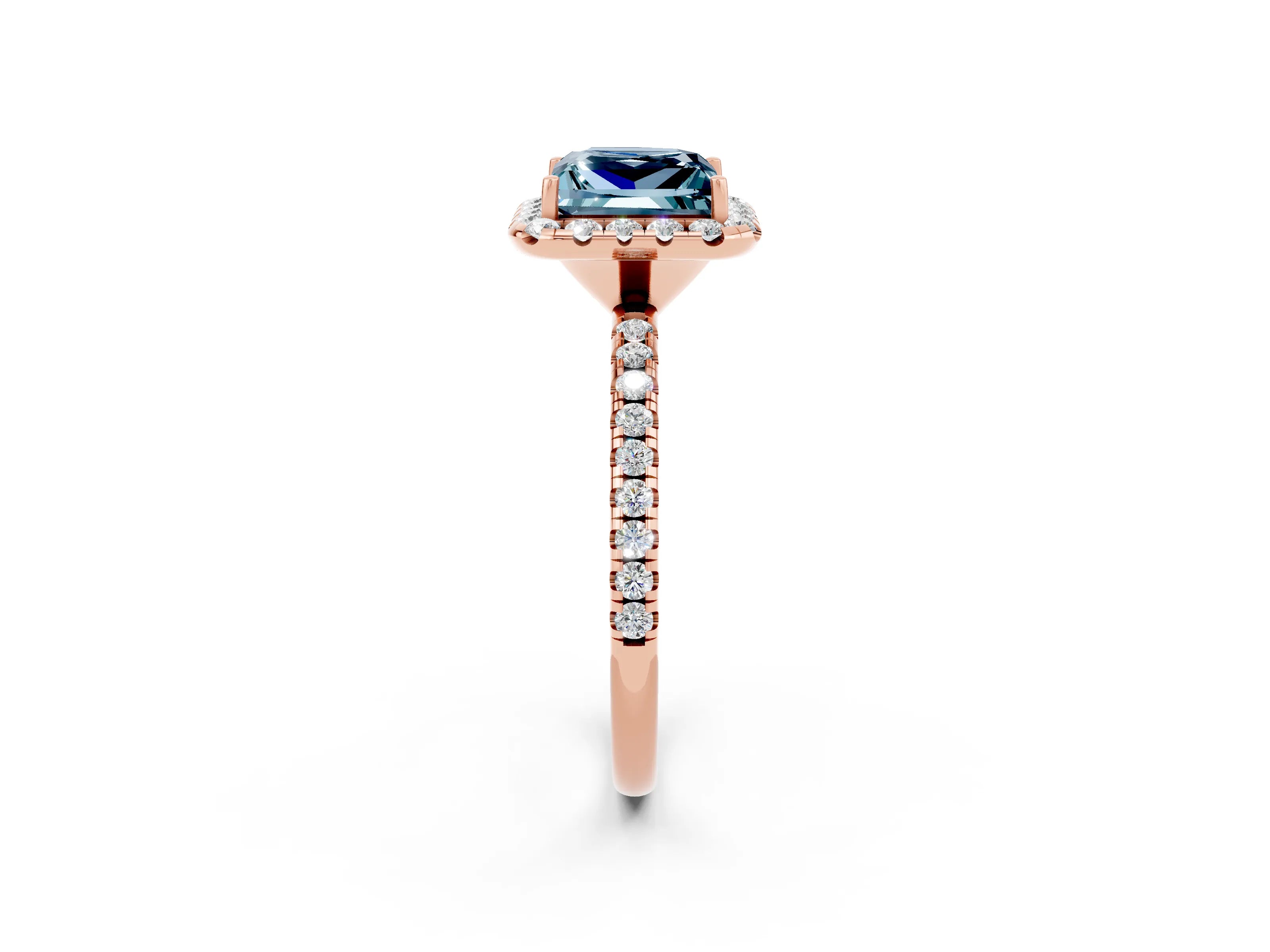 Rose gold Princess Cut Cut Diamond Floral Halo Engagement Ring with Pavé Band and Prong Setting_2