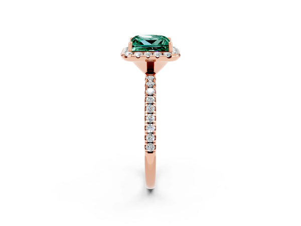 Rose gold Princess Cut Green Sapphire Halo Engagement Ring with Round Pavé Band and Prong Setting