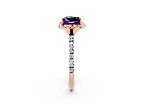 Rose gold Princess Cut Amethyst Halo Engagement Ring with Round Pavé Band and Prong Setting