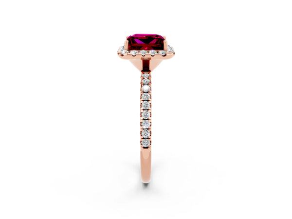 Rose gold Princess Cut Garnet Halo Engagement Ring with Round Pavé Band and Prong Setting