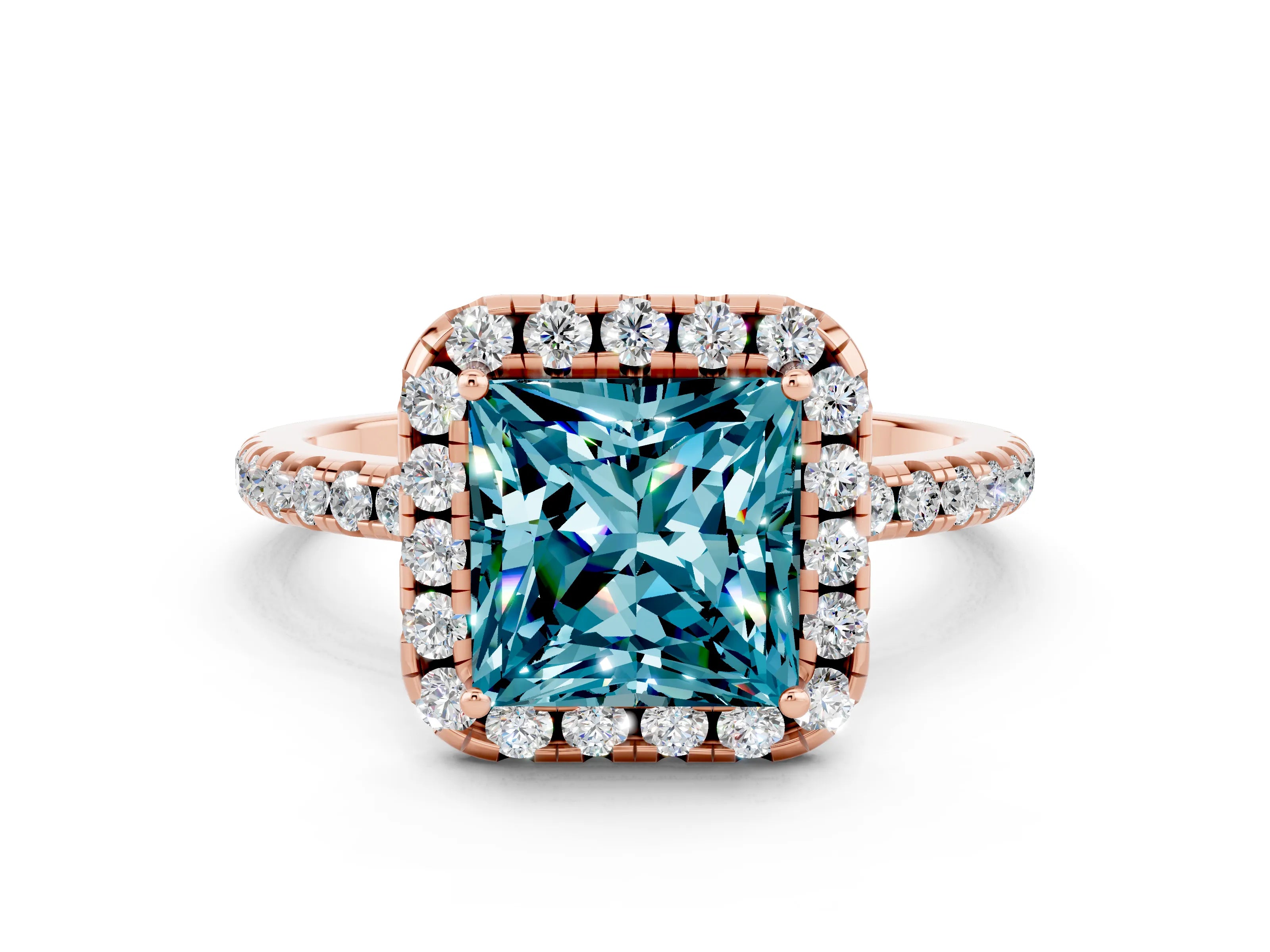 Rose gold Princess Cut Cut Diamond Floral Halo Engagement Ring with Pavé Band and Prong Setting