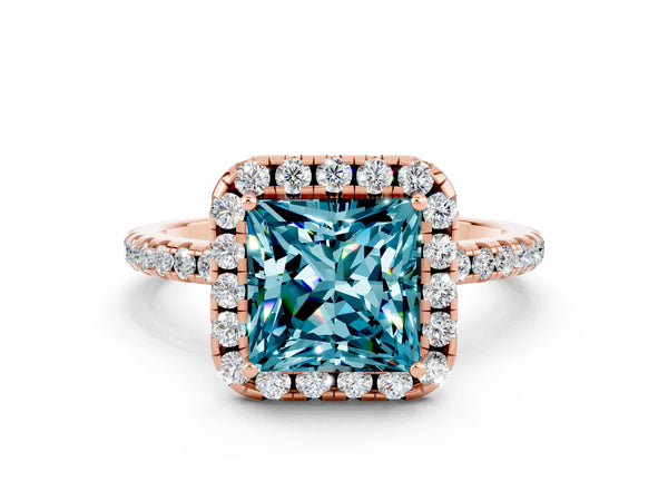 Rose gold Princess Cut Cut Diamond Floral Halo Engagement Ring with Pavé Band and Prong Setting