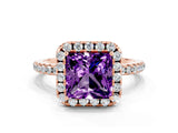 Rose gold Princess Cut Cut Diamond Floral Halo Engagement Ring with Pavé Band and Prong Setting