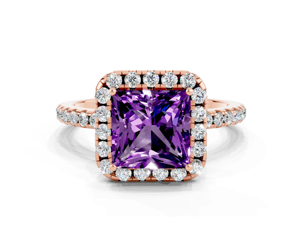 Rose gold Princess Cut Amethyst Halo Engagement Ring with Round Pavé Band and Prong Setting