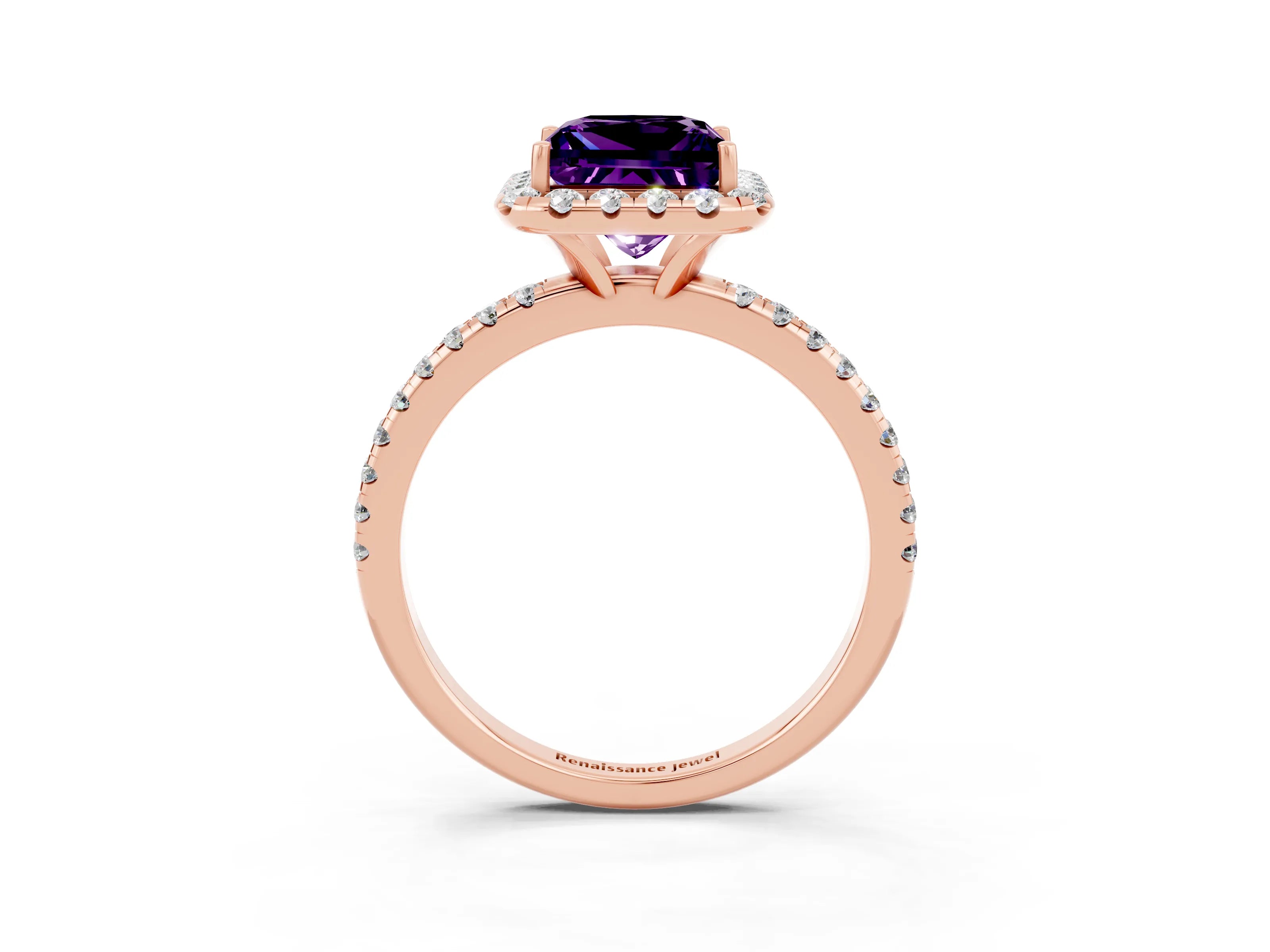 Rose gold Princess Cut Cut Diamond Floral Halo Engagement Ring with Pavé Band and Prong Setting_3