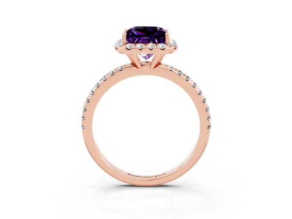 Rose gold Princess Cut Amethyst Halo Engagement Ring with Round Pavé Band and Prong Setting