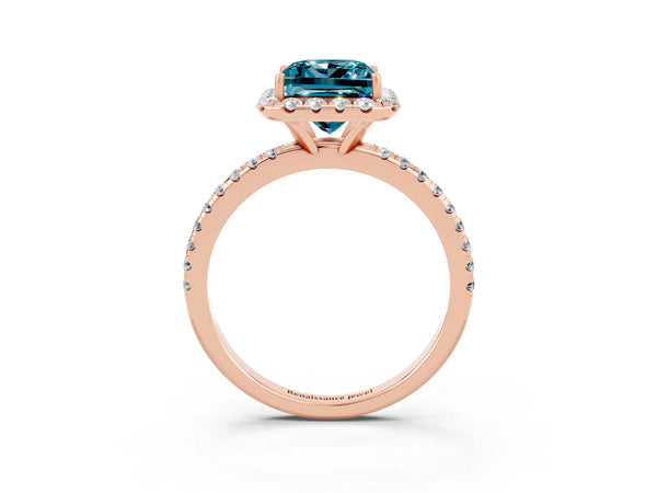 Rose gold Princess Cut Cut Diamond Floral Halo Engagement Ring with Pavé Band and Prong Setting