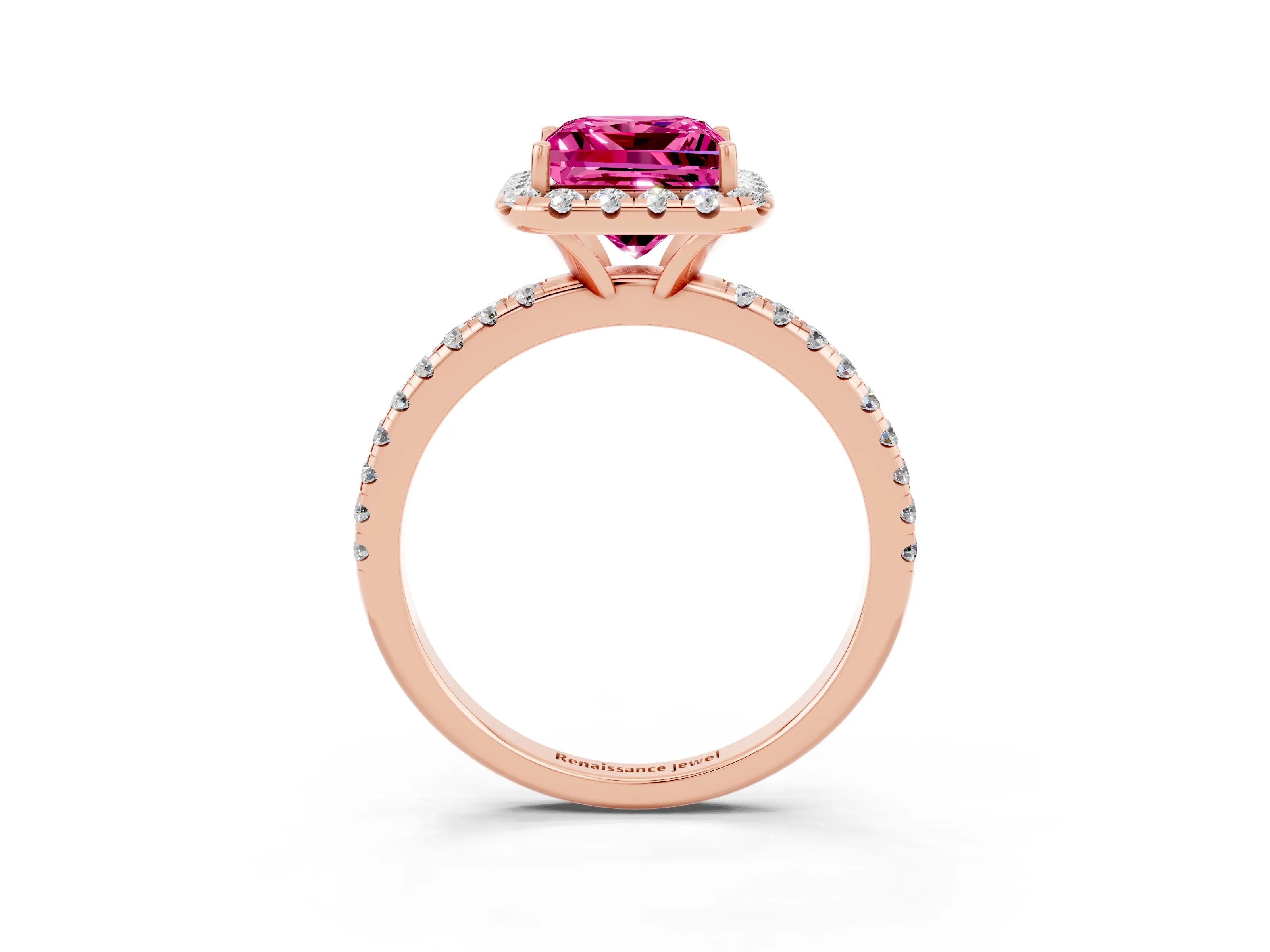 Rose gold Princess Cut Cut Diamond Floral Halo Engagement Ring with Pavé Band and Prong Setting_3