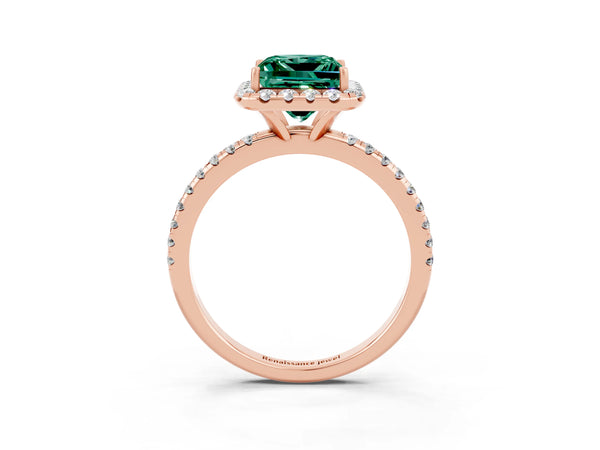 Rose gold Princess Cut Green Sapphire Halo Engagement Ring with Round Pavé Band and Prong Setting