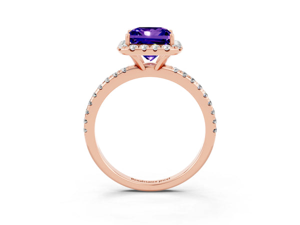 Rose gold Princess Cut Tanzanite Halo Engagement Ring with Round Pavé Band and Prong Setting