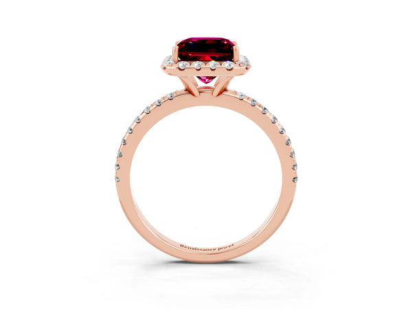 Rose gold Princess Cut Garnet Halo Engagement Ring with Round Pavé Band and Prong Setting