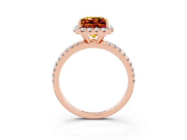 Rose gold Princess Cut Citrine Halo Engagement Ring with Round Pavé Band and Prong Setting