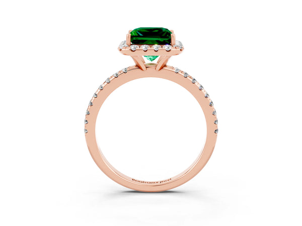 Rose gold Princess Cut Emerald Halo Engagement Ring with Round Pavé Band and Prong Setting