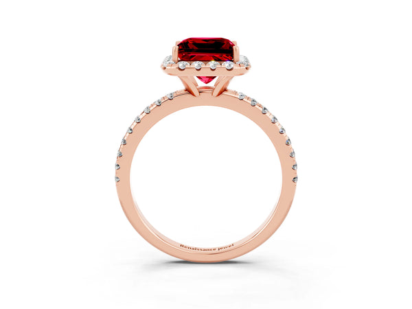 Rose gold Princess Cut Cut Diamond Floral Halo Engagement Ring with Pavé Band and Prong Setting