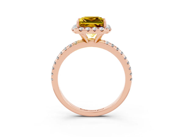 Rose gold Princess Cut Yellow Sapphire Halo Engagement Ring with Round Pavé Band and Prong Setting