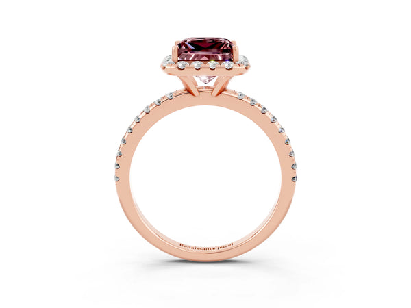 Rose gold Princess Cut Cut Diamond Floral Halo Engagement Ring with Pavé Band and Prong Setting