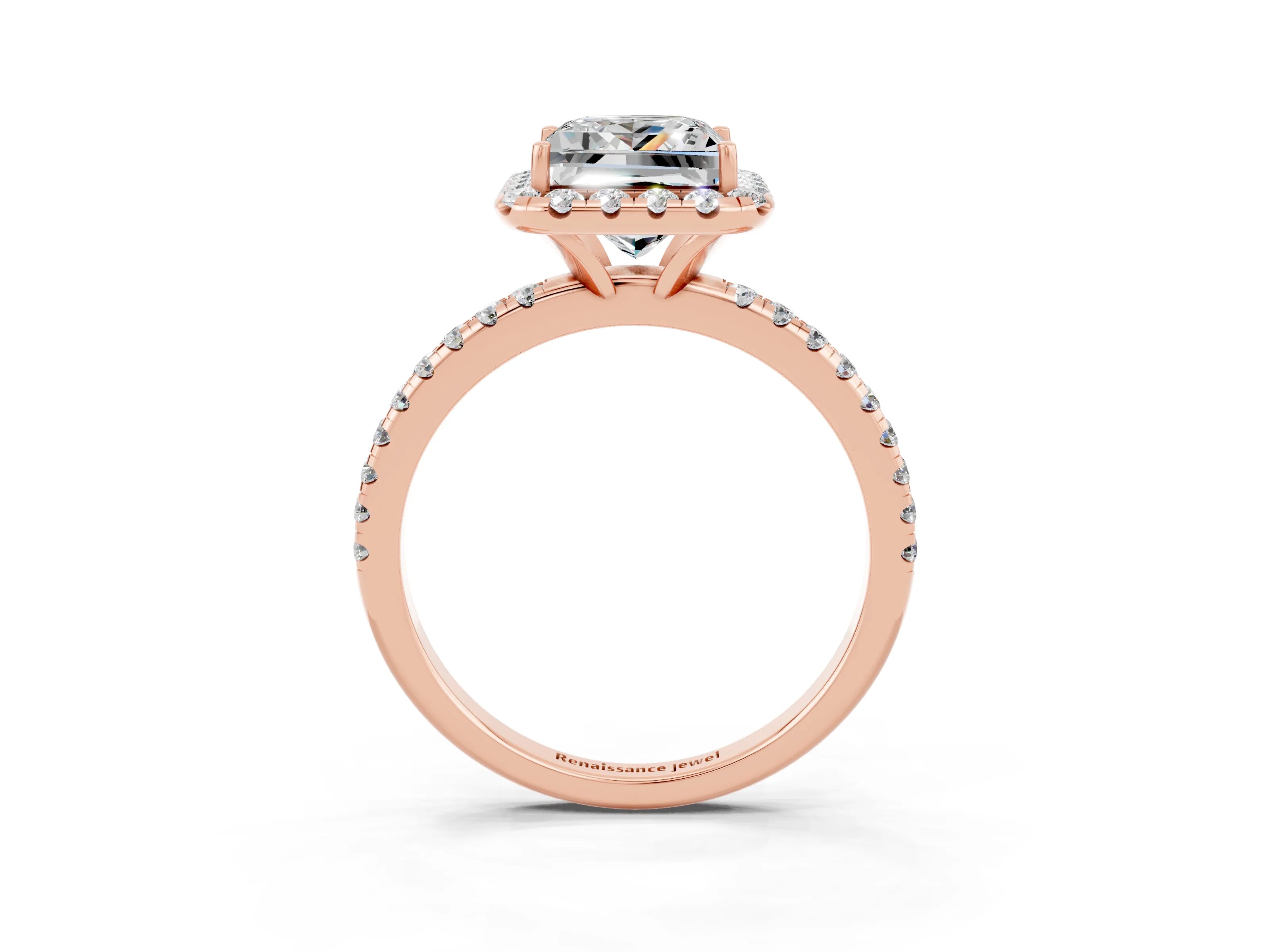 Rose gold Princess Cut Cut Diamond Floral Halo Engagement Ring with Pavé Band and Prong Setting_3