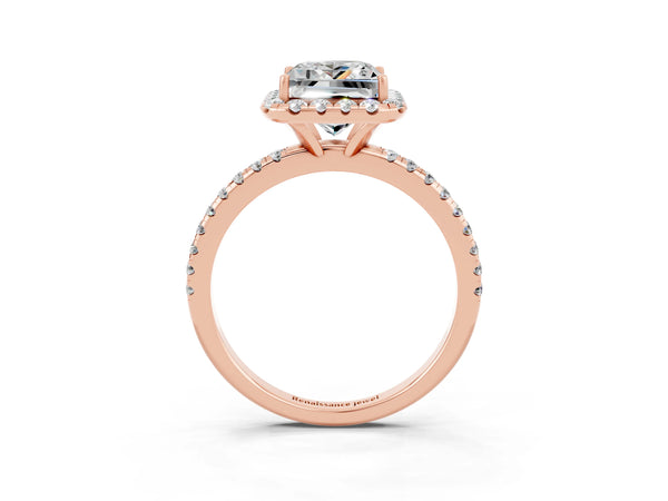 Rose gold Princess Cut Moissanite Halo Engagement Ring with Round Pavé Band and Prong Setting