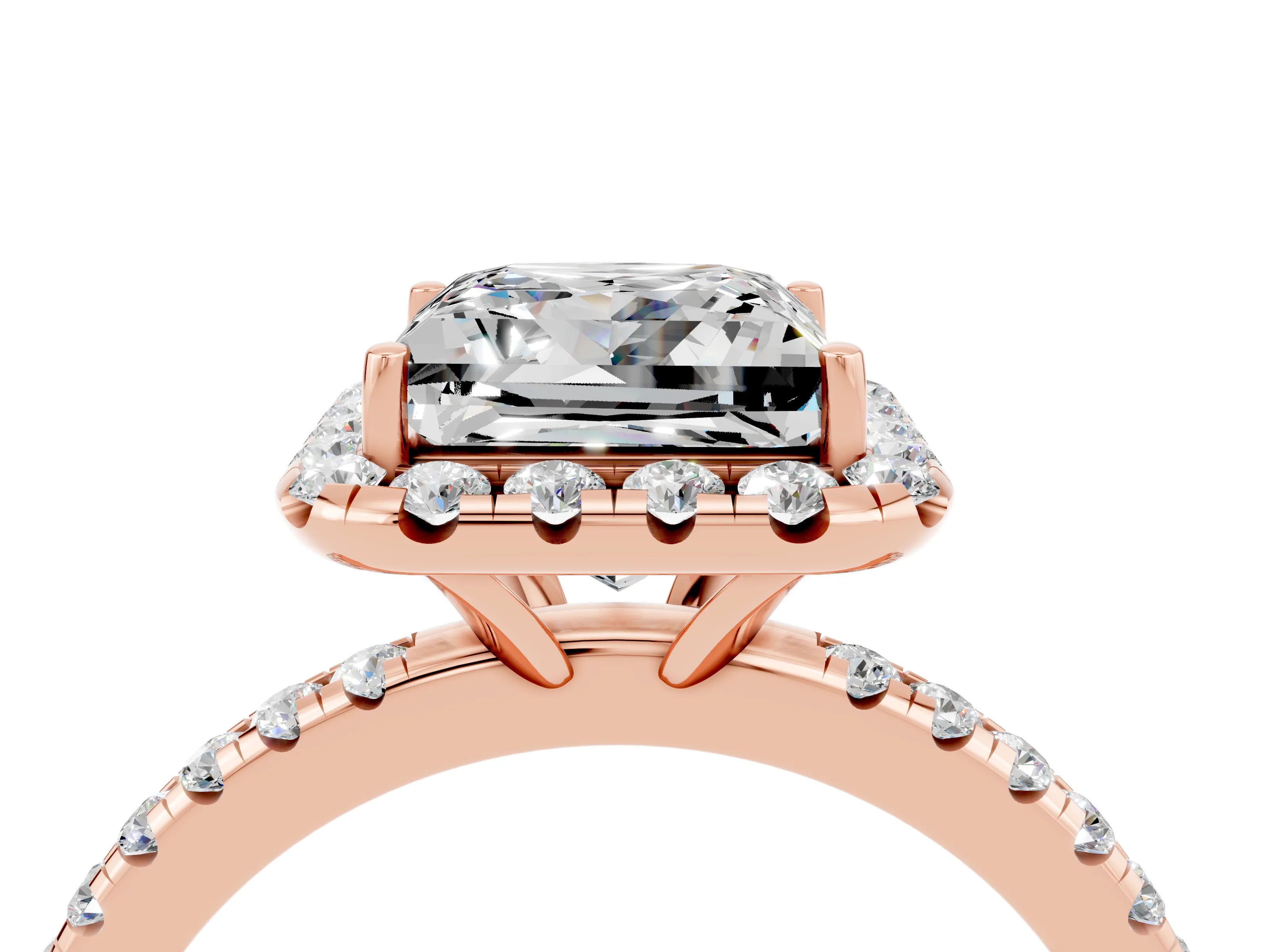 Rose gold Princess Cut Cut Diamond Floral Halo Engagement Ring with Pavé Band and Prong Setting_4