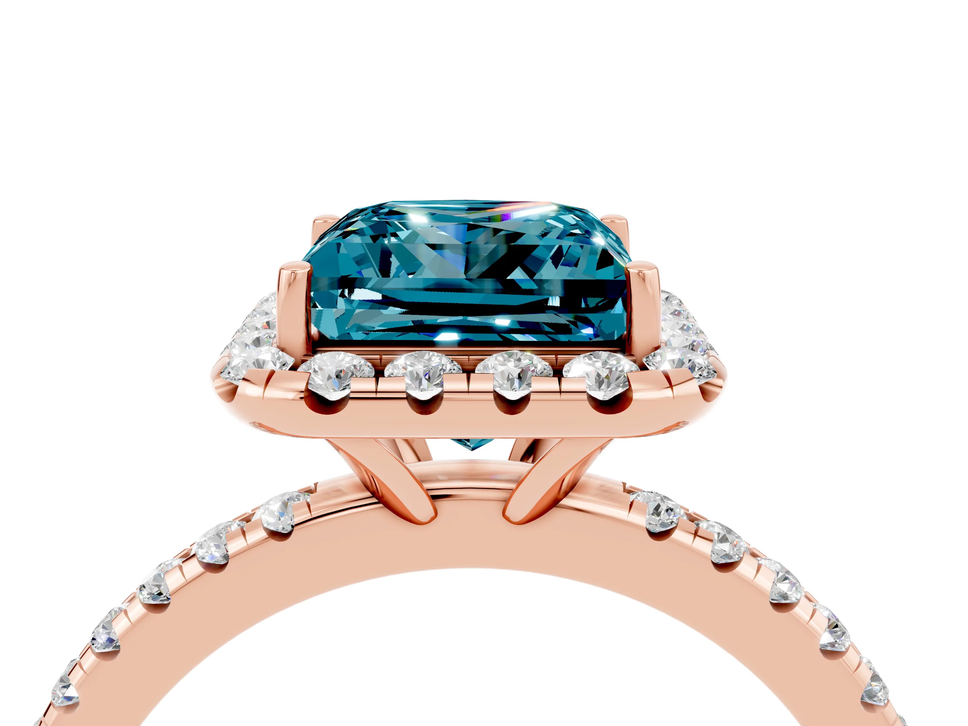 Rose gold Princess Cut Cut Diamond Floral Halo Engagement Ring with Pavé Band and Prong Setting_4