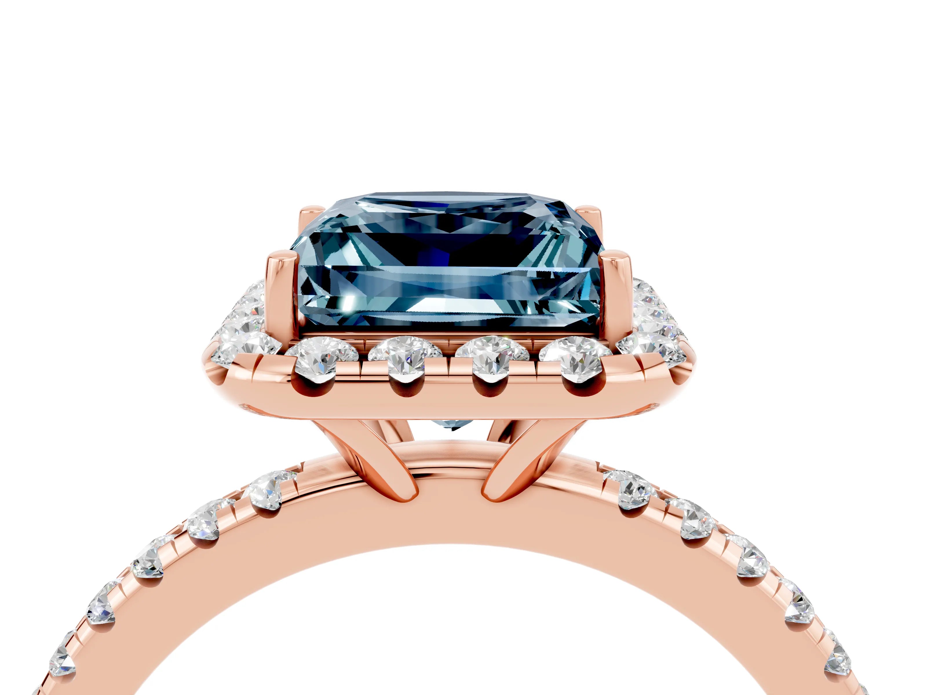 Rose gold Princess Cut Cut Diamond Floral Halo Engagement Ring with Pavé Band and Prong Setting_4