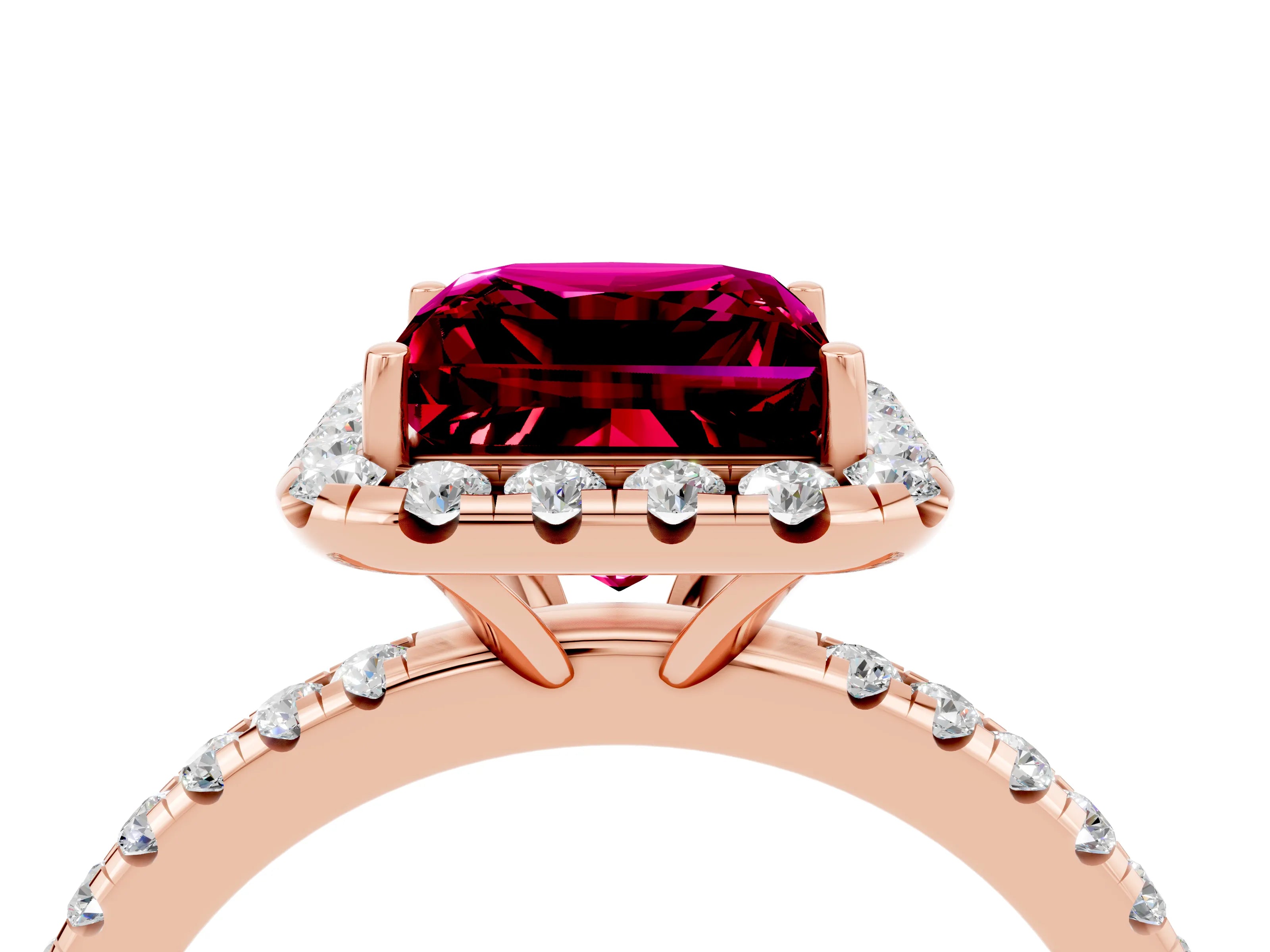 Rose gold Princess Cut Cut Diamond Floral Halo Engagement Ring with Pavé Band and Prong Setting_4
