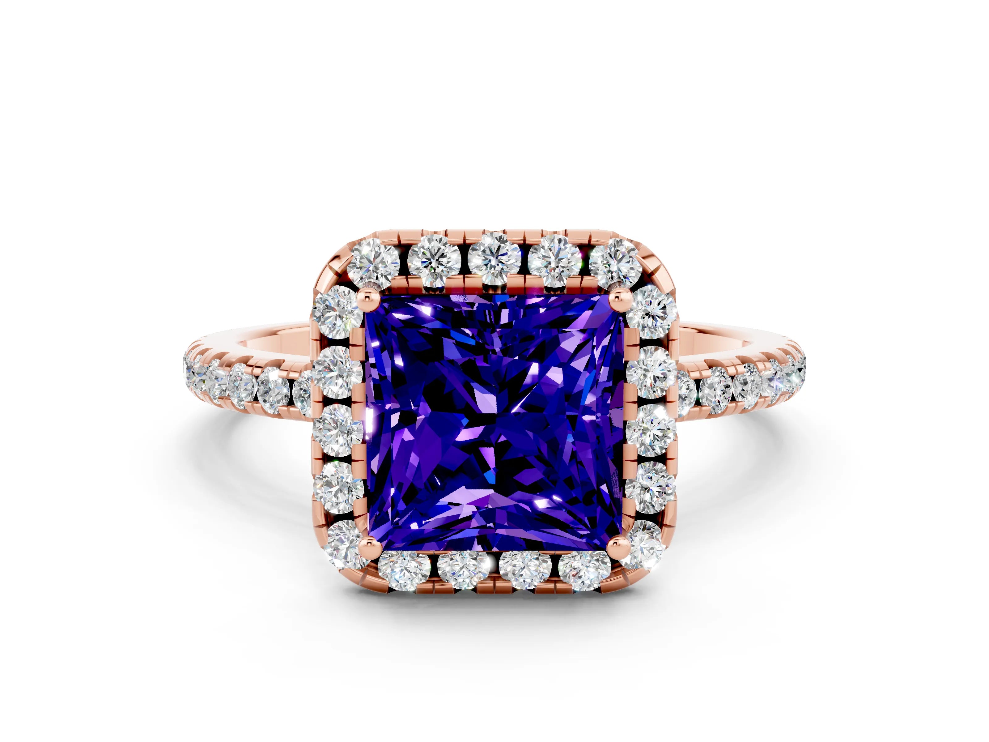 Rose gold Princess Cut Cut Diamond Floral Halo Engagement Ring with Pavé Band and Prong Setting