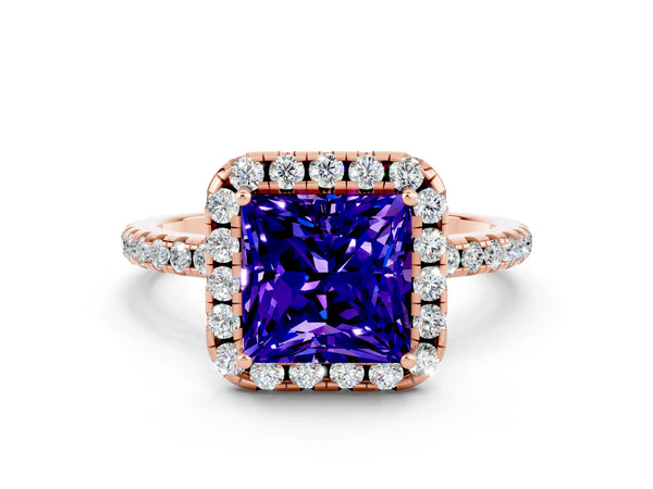 Rose gold Princess Cut Tanzanite Halo Engagement Ring with Round Pavé Band and Prong Setting