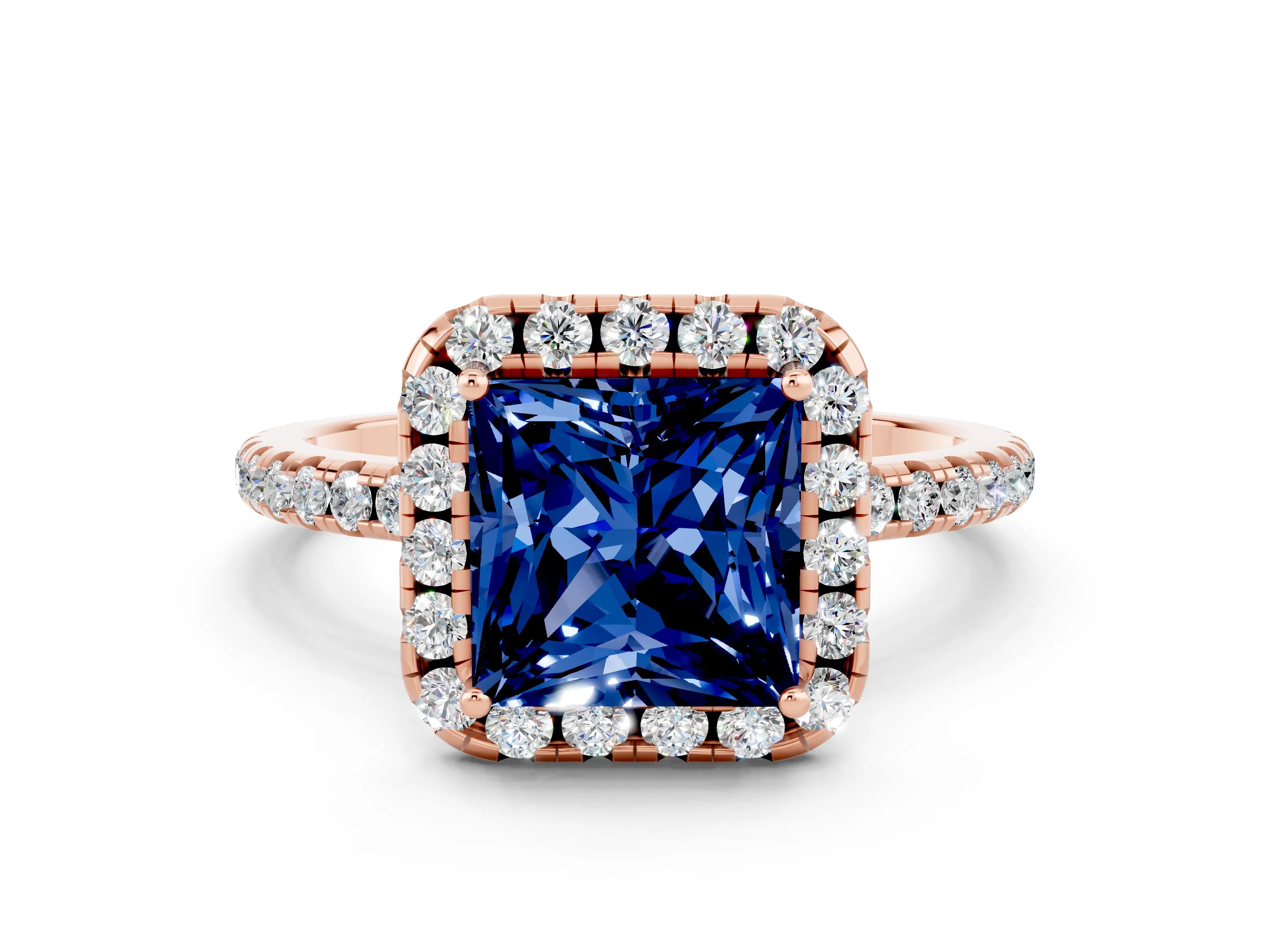 Rose gold Princess Cut Cut Diamond Floral Halo Engagement Ring with Pavé Band and Prong Setting