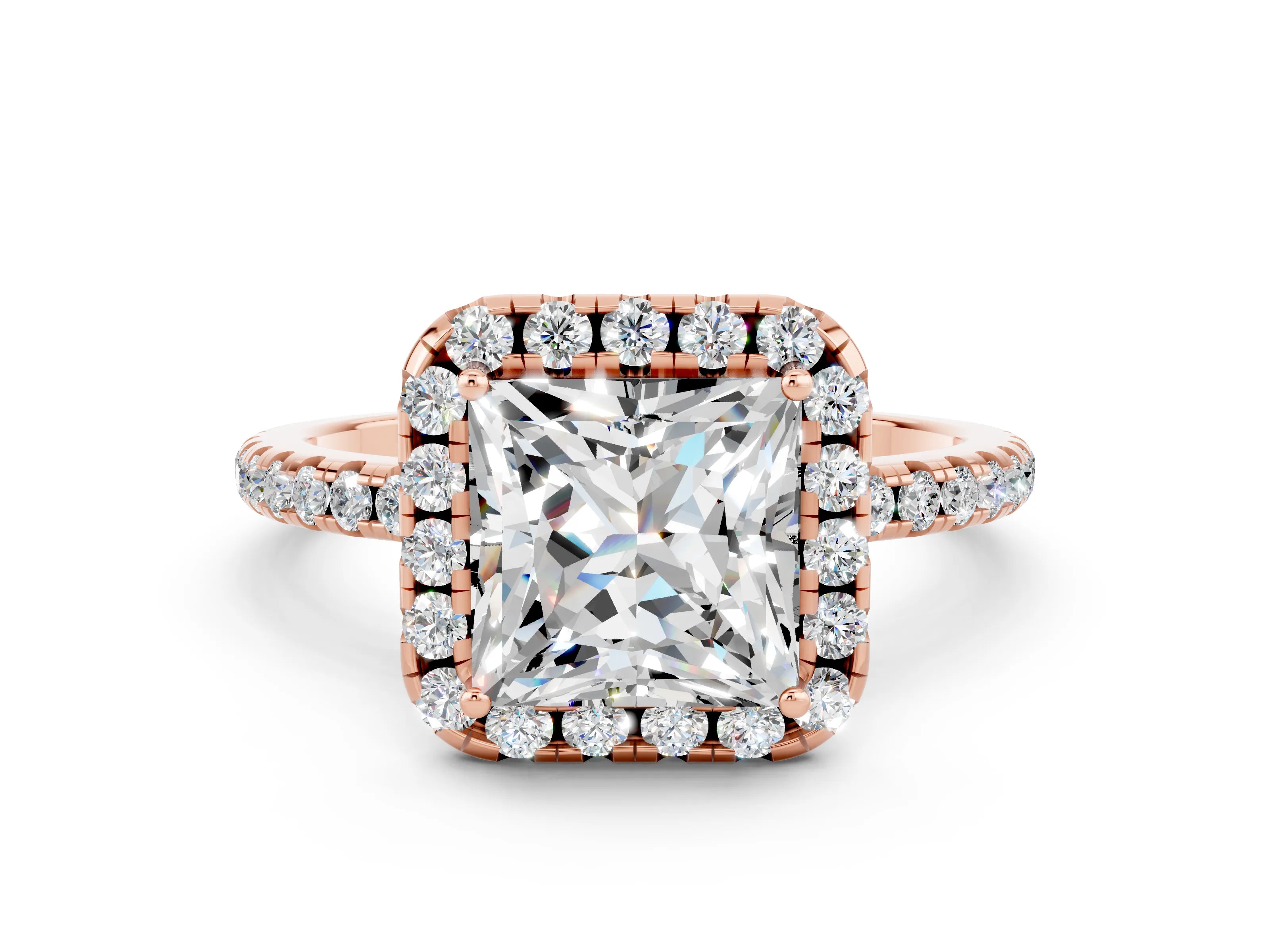 Rose gold Princess Cut Cut Diamond Floral Halo Engagement Ring with Pavé Band and Prong Setting