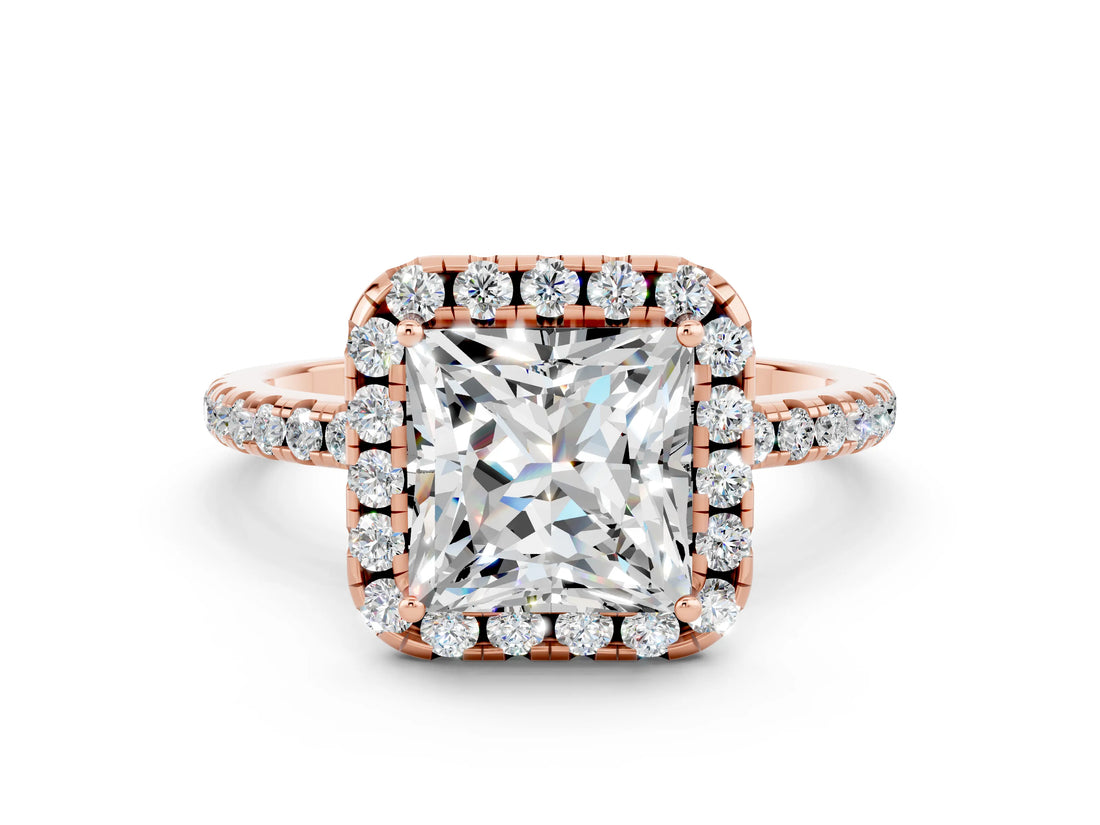Rose gold Princess Cut Cut Diamond Floral Halo Engagement Ring with Pavé Band and Prong Setting