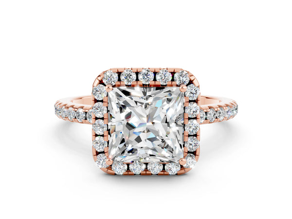 Rose gold Princess Cut Moissanite Halo Engagement Ring with Round Pavé Band and Prong Setting