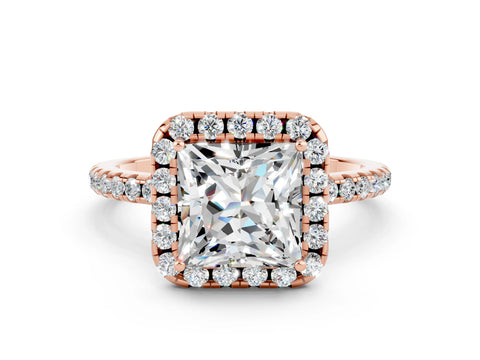 Rose gold Princess Cut Cut Diamond Floral Halo Engagement Ring with Pavé Band and Prong Setting