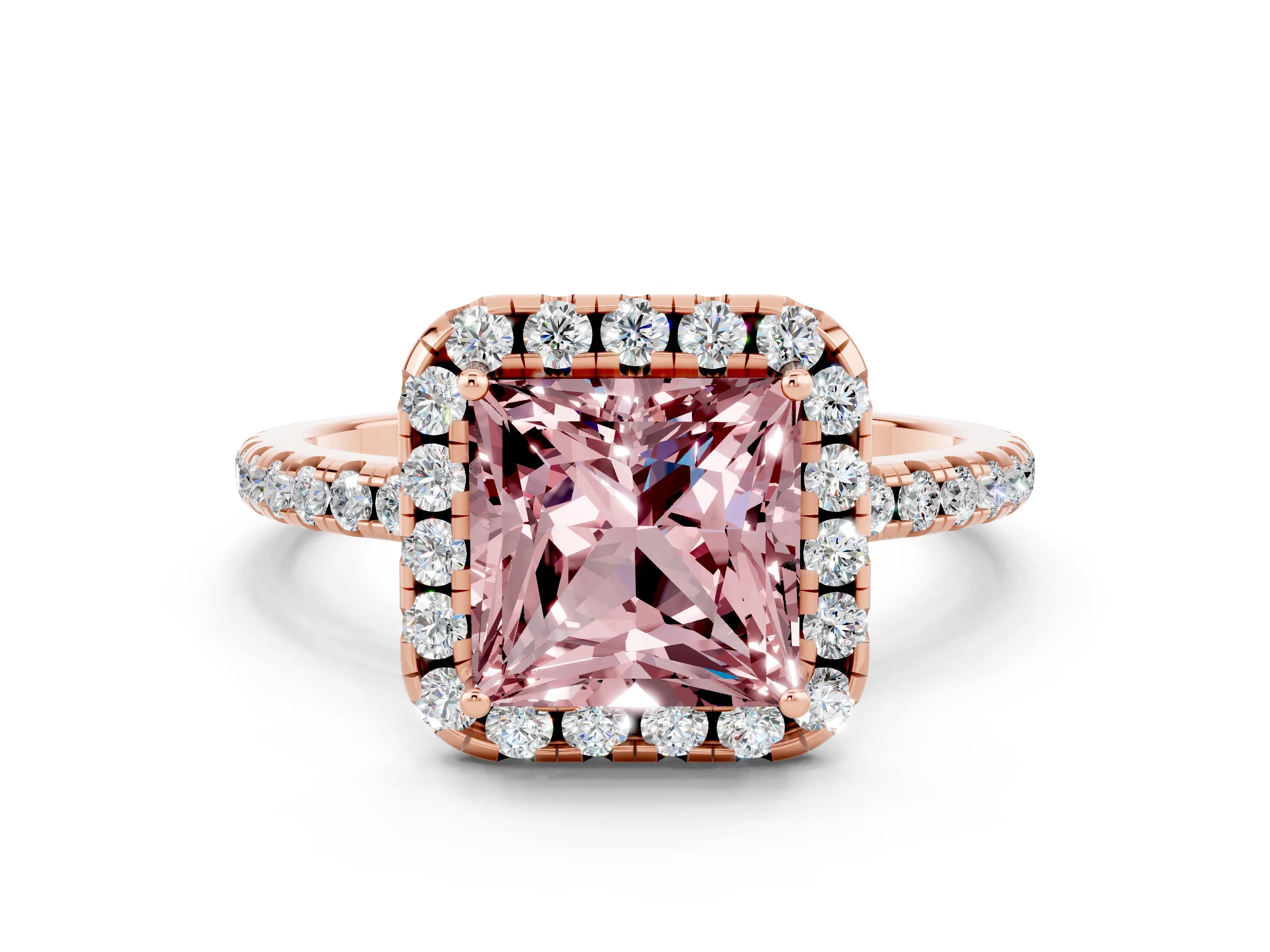 Rose gold Princess Cut Cut Diamond Floral Halo Engagement Ring with Pavé Band and Prong Setting
