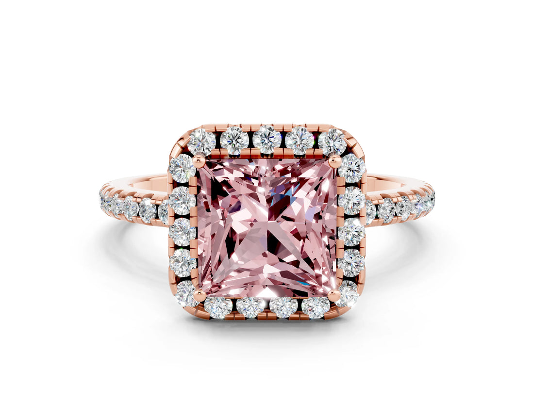 Rose gold Princess Cut Cut Diamond Floral Halo Engagement Ring with Pavé Band and Prong Setting