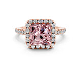 Rose gold Princess Cut Cut Diamond Floral Halo Engagement Ring with Pavé Band and Prong Setting