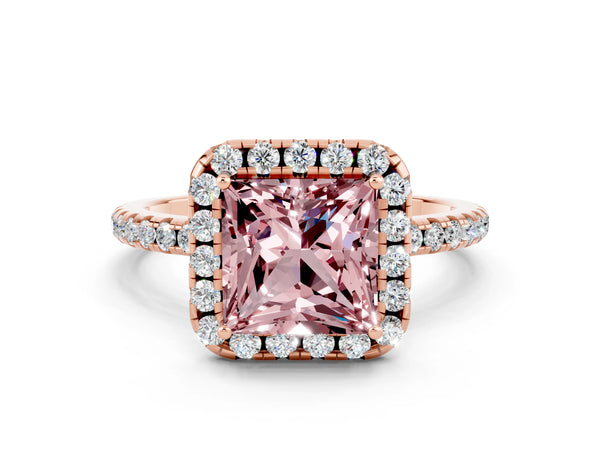 Rose gold Princess Cut Cut Diamond Floral Halo Engagement Ring with Pavé Band and Prong Setting