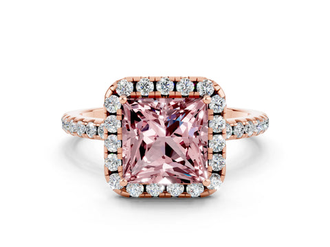 Rose gold Princess Cut Cut Diamond Floral Halo Engagement Ring with Pavé Band and Prong Setting