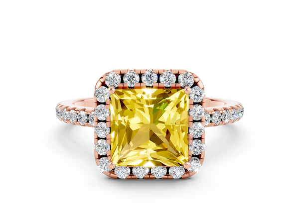 Rose gold Princess Cut Yellow Sapphire Halo Engagement Ring with Round Pavé Band and Prong Setting