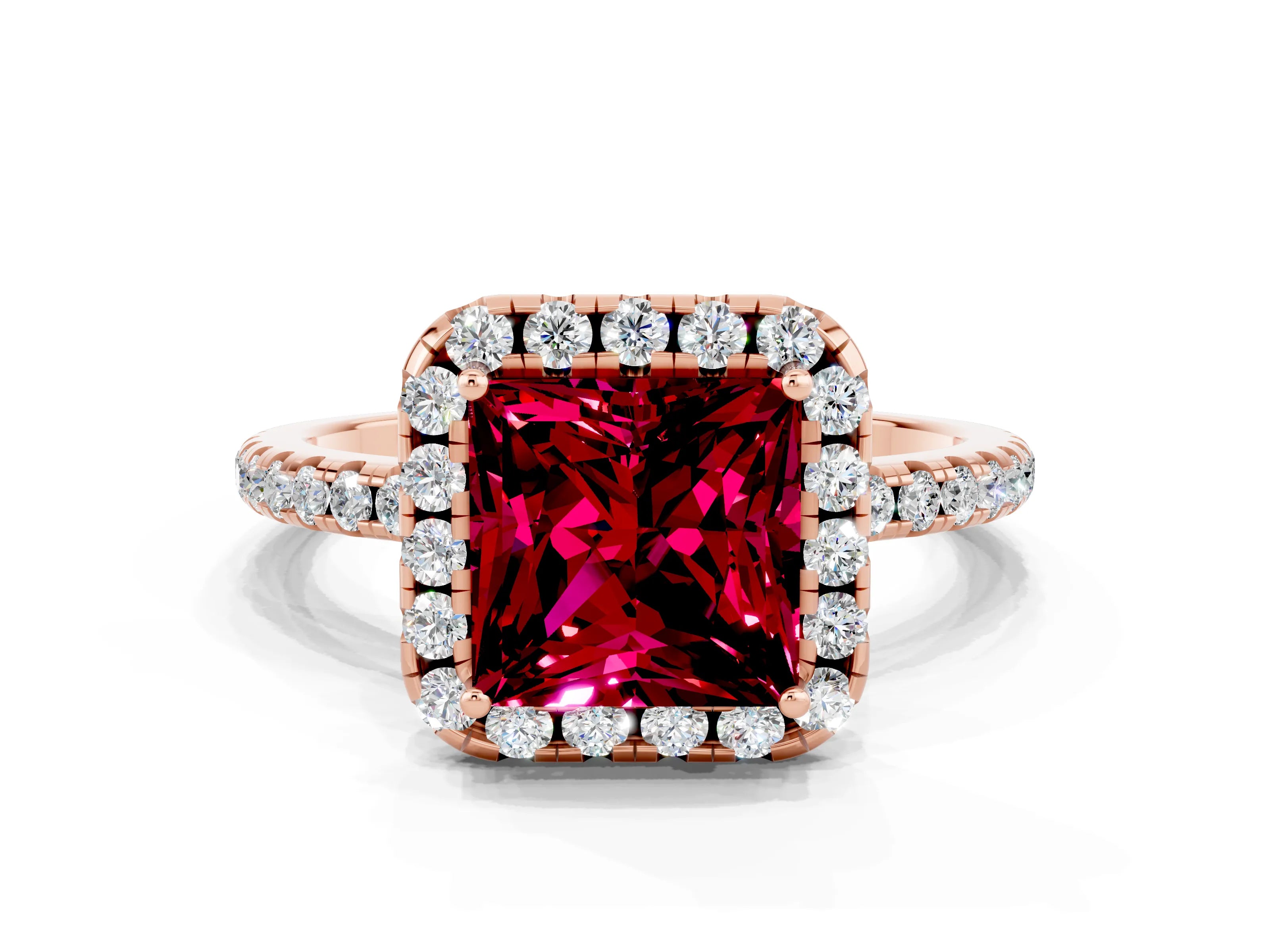 Rose gold Princess Cut Cut Diamond Floral Halo Engagement Ring with Pavé Band and Prong Setting