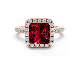 Rose gold Princess Cut Cut Diamond Floral Halo Engagement Ring with Pavé Band and Prong Setting