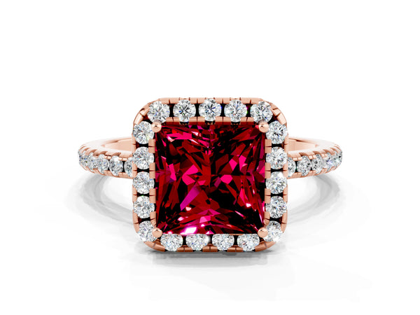 Rose gold Princess Cut Garnet Halo Engagement Ring with Round Pavé Band and Prong Setting