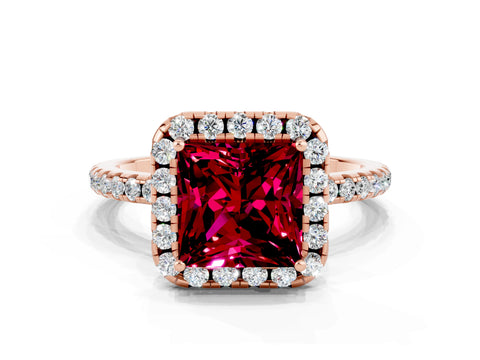 Rose gold Princess Cut Cut Diamond Floral Halo Engagement Ring with Pavé Band and Prong Setting