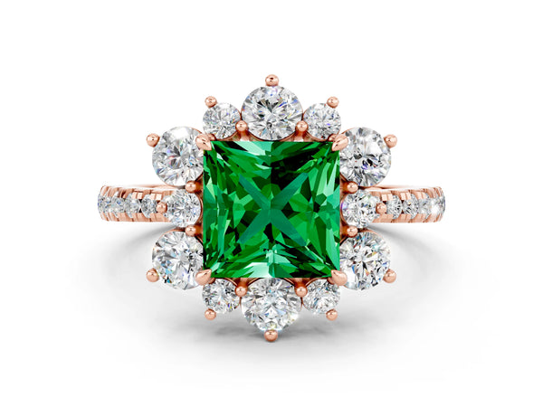 Rose gold Princess Cut Emerald Floral Halo Ring with Round Pavé Band and Prong Setting