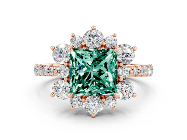 Rose gold Princess Cut Green Sapphire Floral Halo Ring with Round Pavé Band and Prong Setting