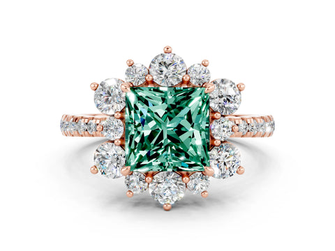 Rose gold Princess Cut Cut Diamond Floral Halo Pave Band with Prong Setting