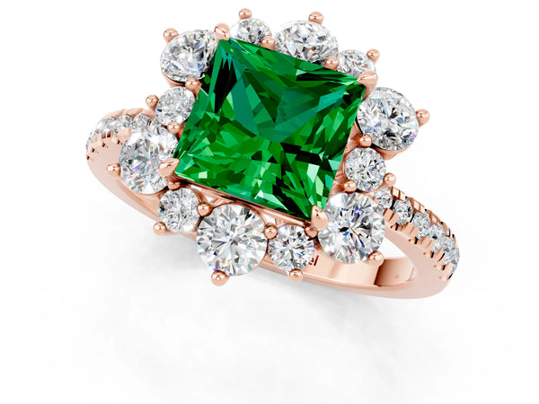 Rose gold Princess Cut Emerald Floral Halo Ring with Round Pavé Band and Prong Setting