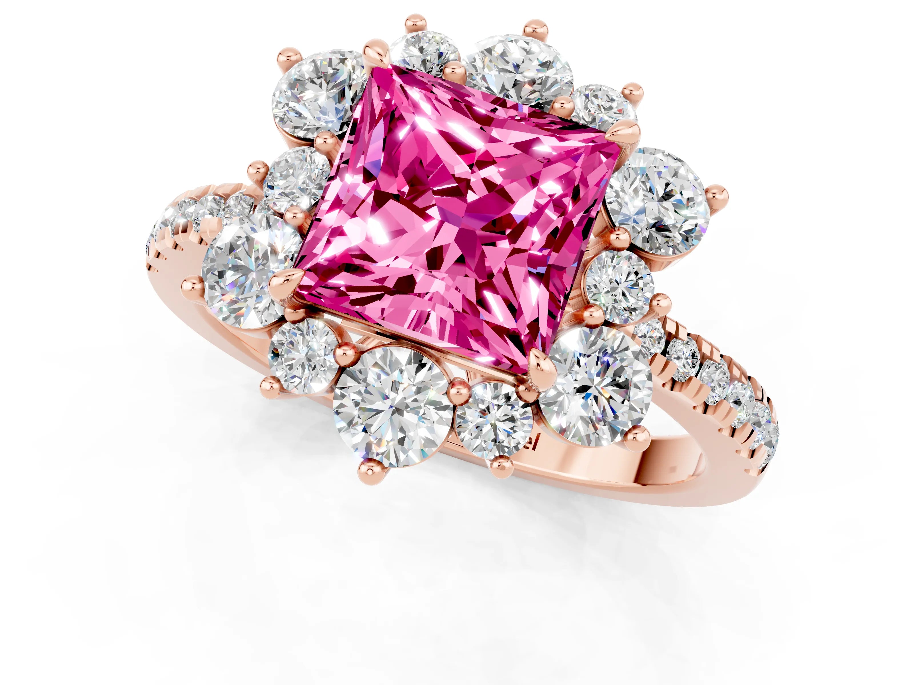 Rose gold Princess Cut Cut Diamond Floral Halo Pave Band with Prong Setting_1