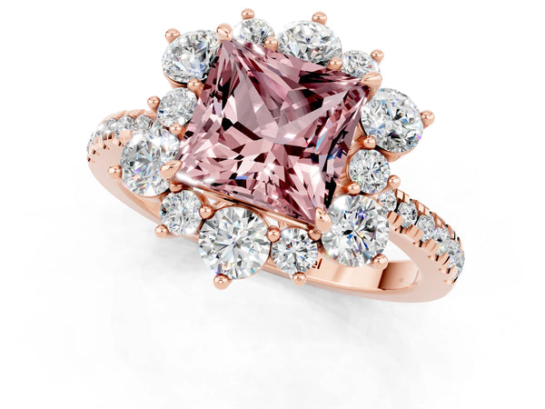 Rose gold Princess Cut Cut Diamond Floral Halo Pave Band with Prong Setting